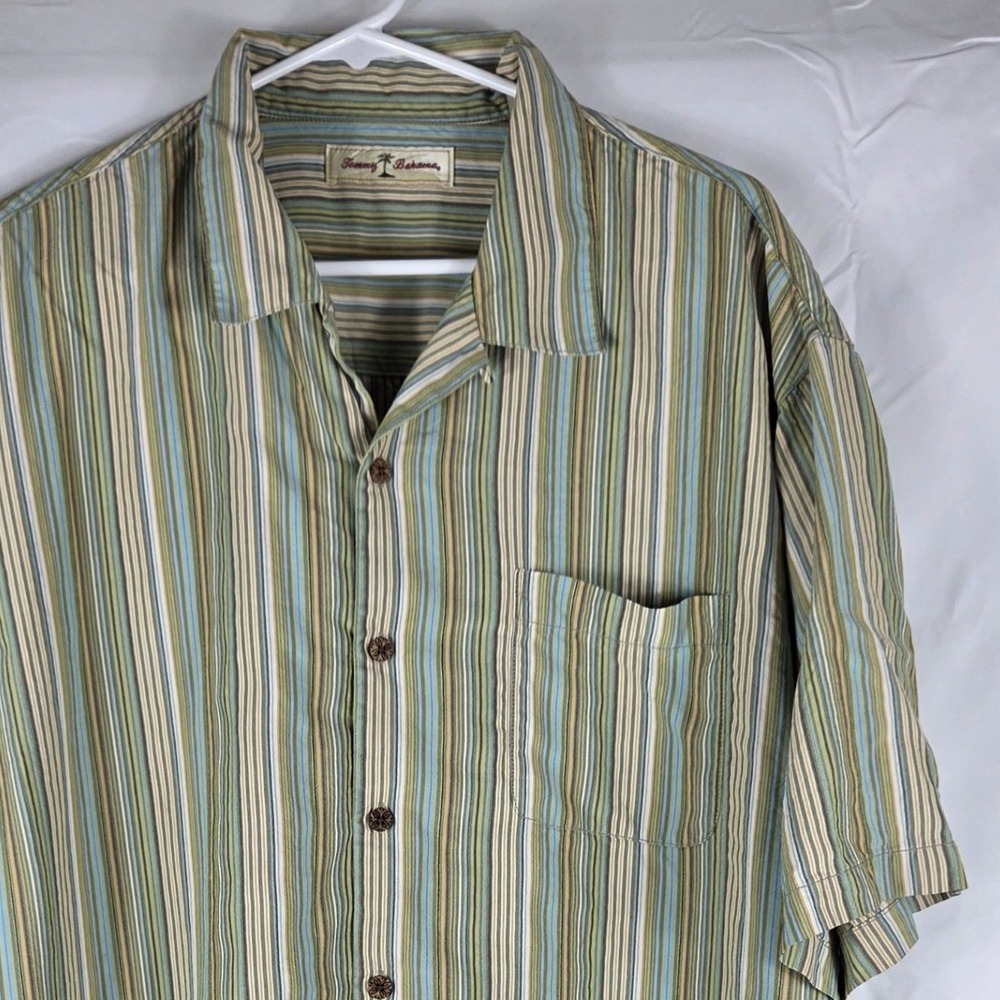 Tommy Bahama Mens XL 100% Silk Striped Short Sleeve Camp Shirt Green Blue Tan